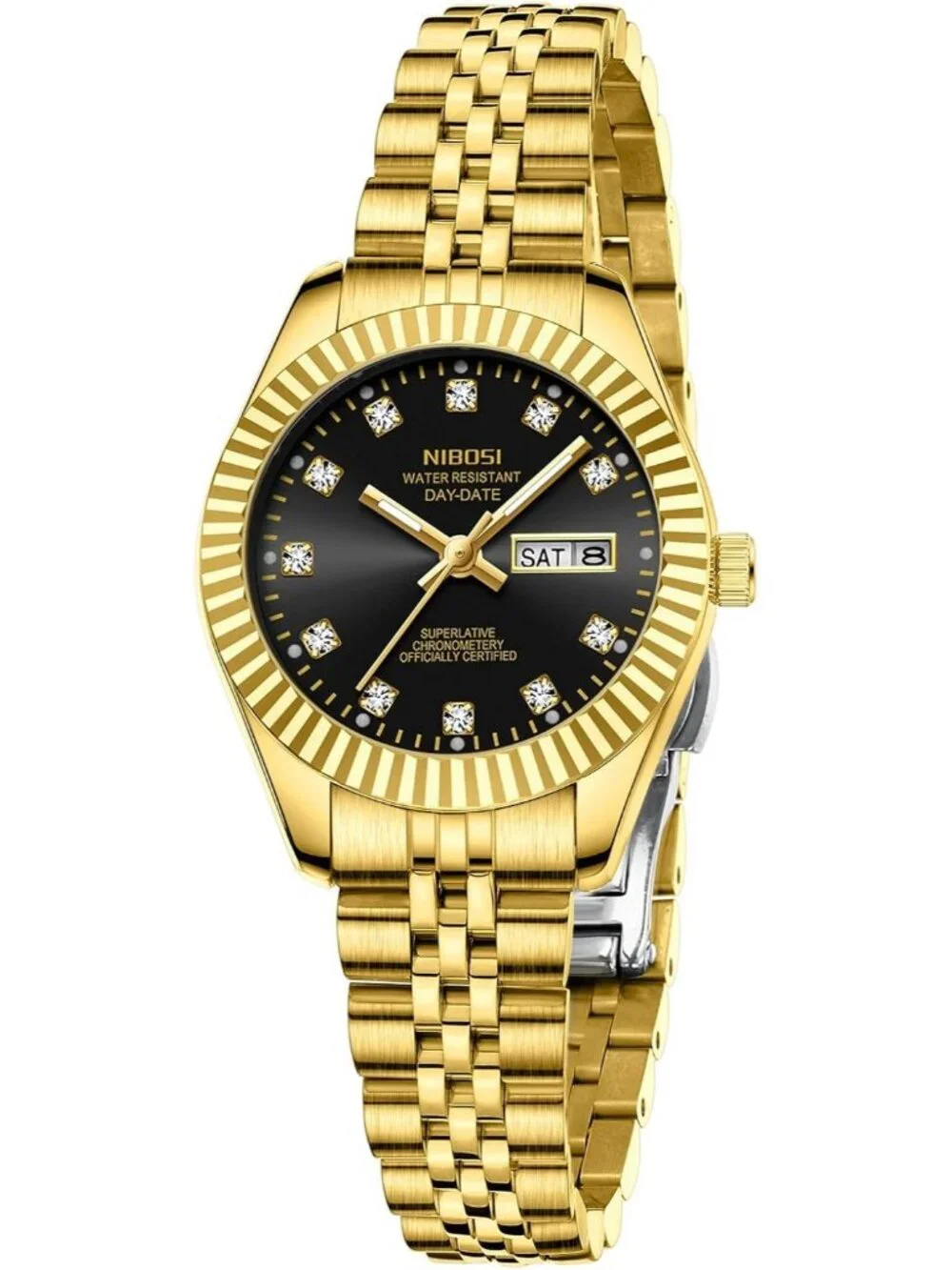 Women's Gold Black Waterproof Luminous, Dainty Luxury Diamond Dial Ladies Watch
